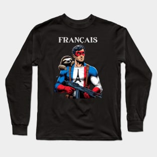 Francais: 80's Gritty Comic Book Hero with Sloth Long Sleeve T-Shirt